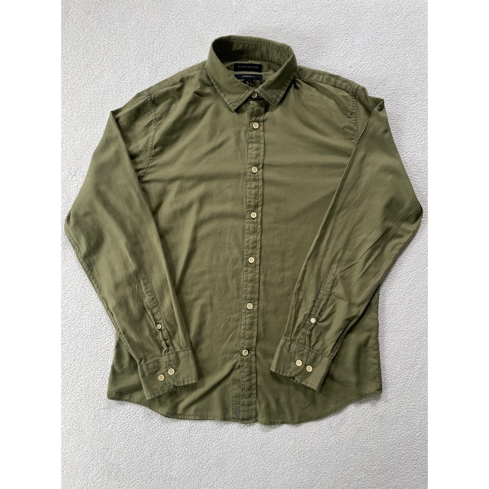 Banana Republic Mens Medium Shirt Olive Green Untucked Slim Fit Long Sleeve